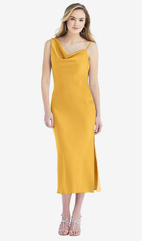 Front View - NYC Yellow Asymmetrical One-Shoulder Cowl Midi Slip Dress