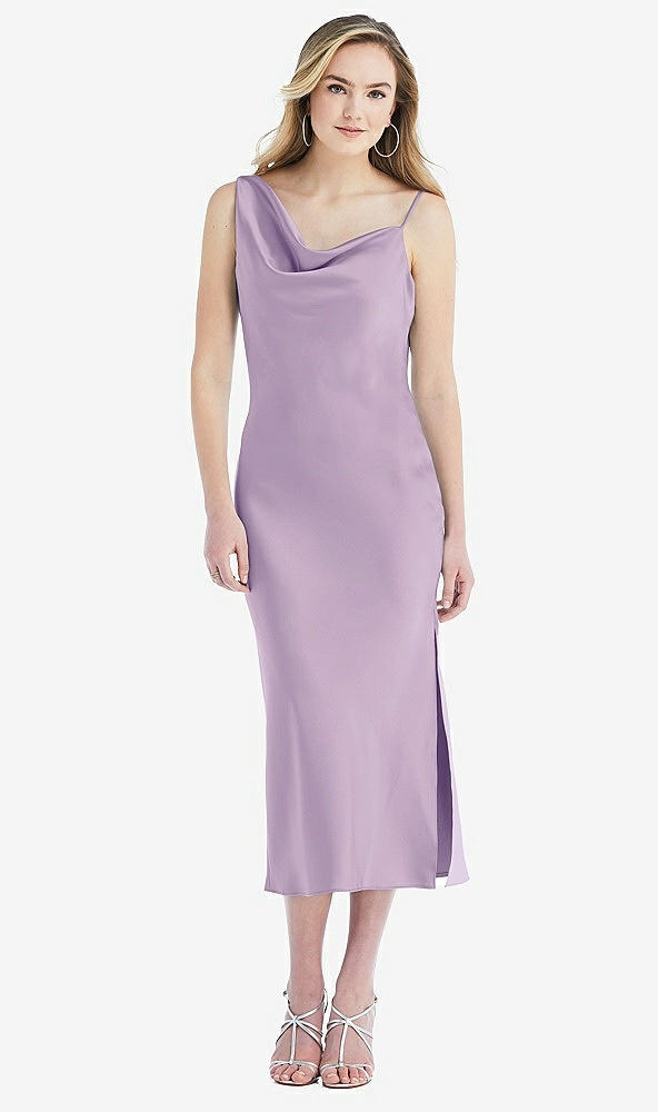 Front View - Pale Purple Asymmetrical One-Shoulder Cowl Midi Slip Dress