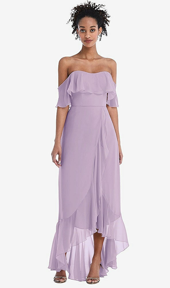 Front View - Pale Purple Off-the-Shoulder Ruffled High Low Maxi Dress