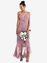 Alt View 1 Thumbnail - Dusty Pink Ruffle-Trimmed V-Neck High Low Wrap Dress