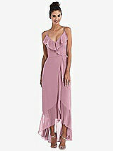 Front View Thumbnail - Dusty Pink Ruffle-Trimmed V-Neck High Low Wrap Dress