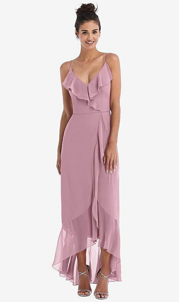 Front View - Dusty Pink Ruffle-Trimmed V-Neck High Low Wrap Dress