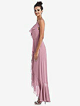 Side View Thumbnail - Dusty Pink Ruffle-Trimmed V-Neck High Low Wrap Dress