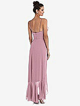 Rear View Thumbnail - Dusty Pink Ruffle-Trimmed V-Neck High Low Wrap Dress