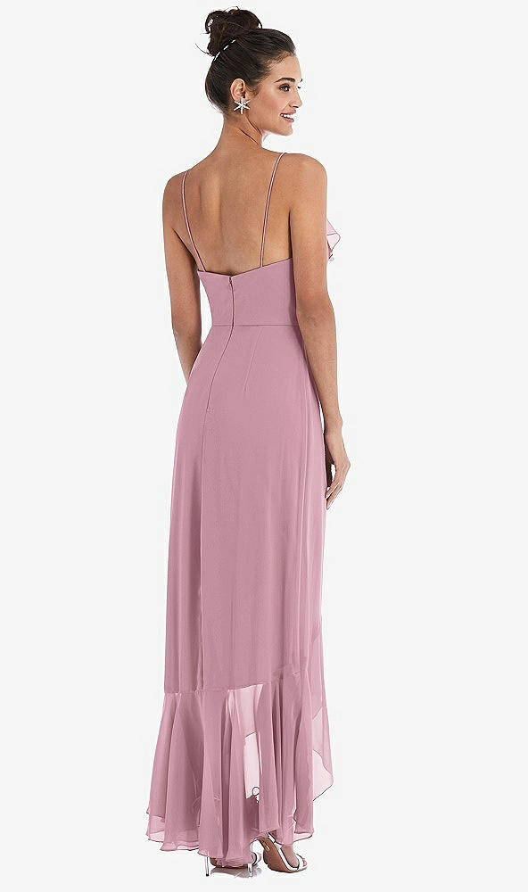 Back View - Dusty Pink Ruffle-Trimmed V-Neck High Low Wrap Dress