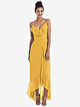 Front View Thumbnail - NYC Yellow Ruffle-Trimmed V-Neck High Low Wrap Dress
