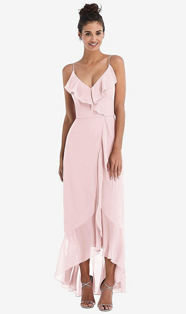 Front View - Ballet Pink Ruffle-Trimmed V-Neck High Low Wrap Dress