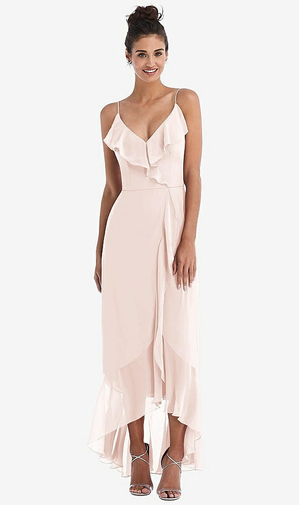 Front View - Blush Ruffle-Trimmed V-Neck High Low Wrap Dress