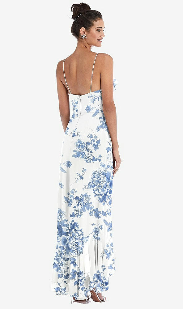 Back View - Cottage Rose Dusk Blue Ruffle-Trimmed V-Neck High Low Wrap Dress