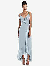 Front View Thumbnail - Mist Ruffle-Trimmed V-Neck High Low Wrap Dress