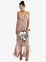 Alt View 1 Thumbnail - Neu Nude Ruffle-Trimmed V-Neck High Low Wrap Dress