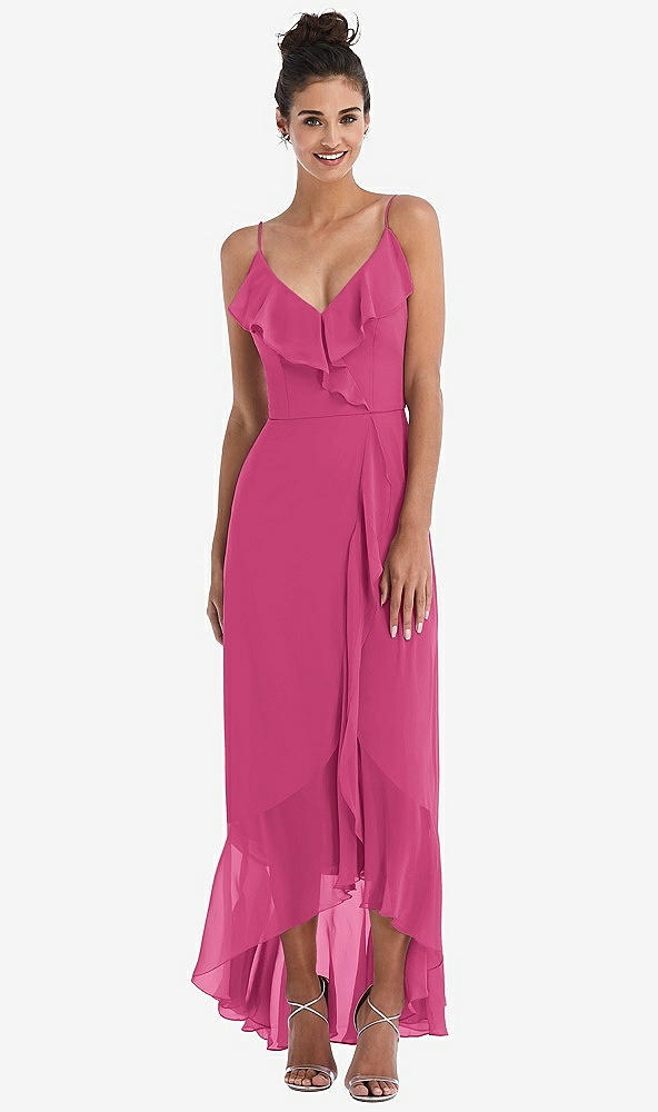 Front View - Tea Rose Ruffle-Trimmed V-Neck High Low Wrap Dress