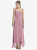 Front View Thumbnail - Dusty Pink Scoop Neck Ruffle-Trimmed High Low Maxi Dress