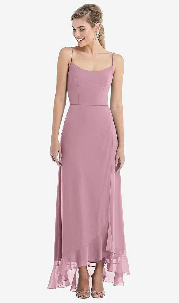 Front View - Dusty Pink Scoop Neck Ruffle-Trimmed High Low Maxi Dress