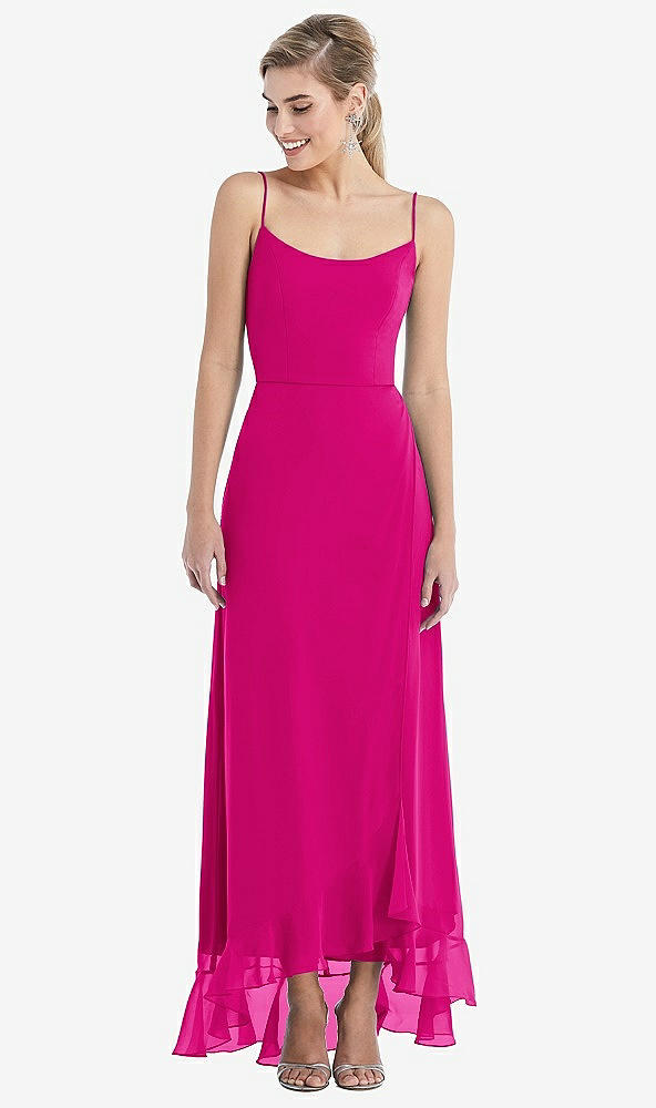 Front View - Think Pink Scoop Neck Ruffle-Trimmed High Low Maxi Dress