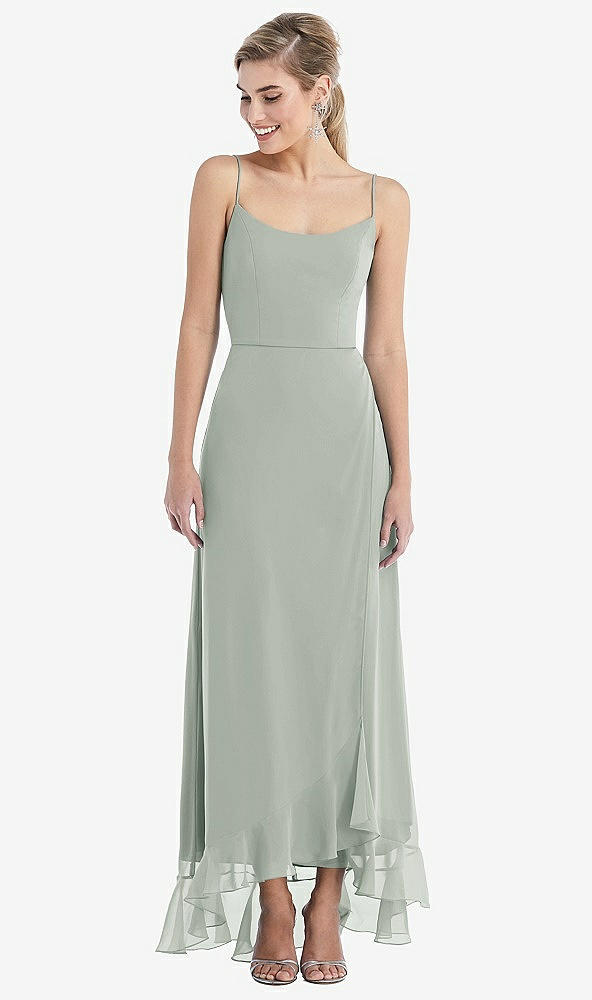 Front View - Willow Green Scoop Neck Ruffle-Trimmed High Low Maxi Dress