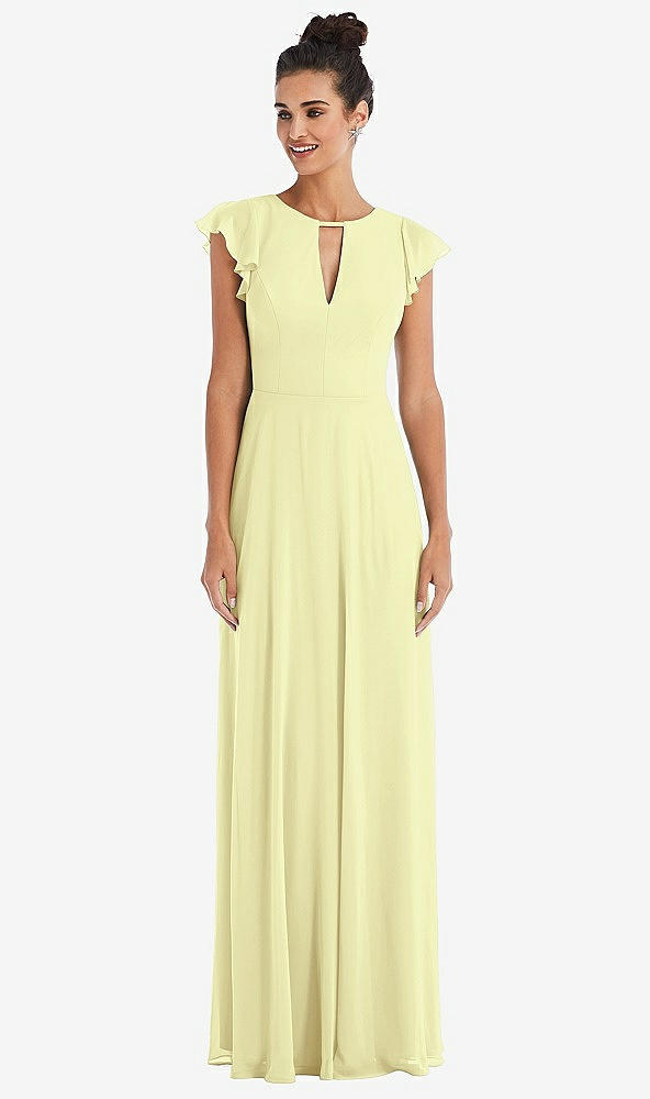 Front View - Butter Yellow Flutter Sleeve V-Keyhole Chiffon Maxi Dress