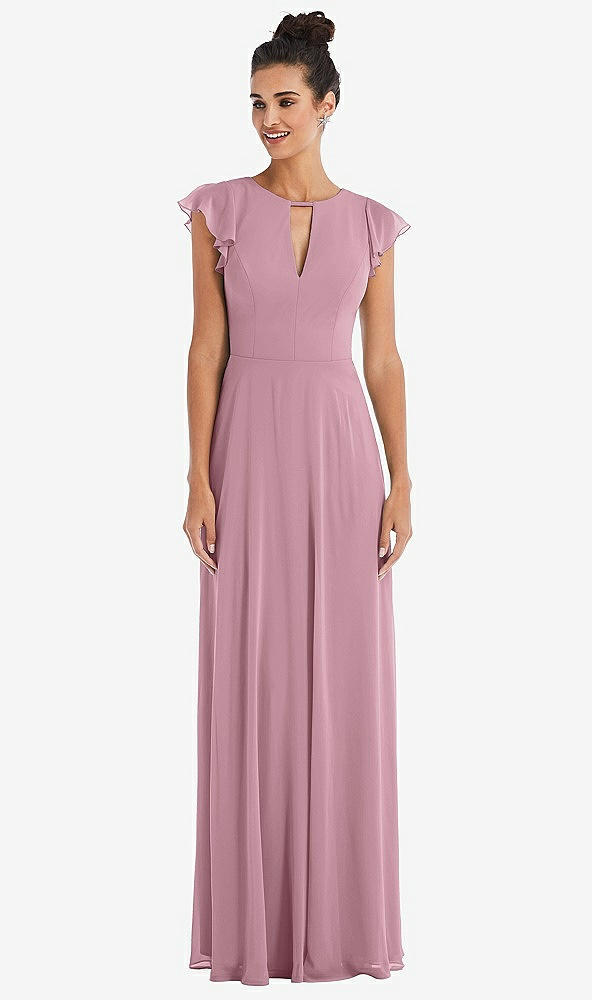 Front View - Dusty Pink Flutter Sleeve V-Keyhole Chiffon Maxi Dress