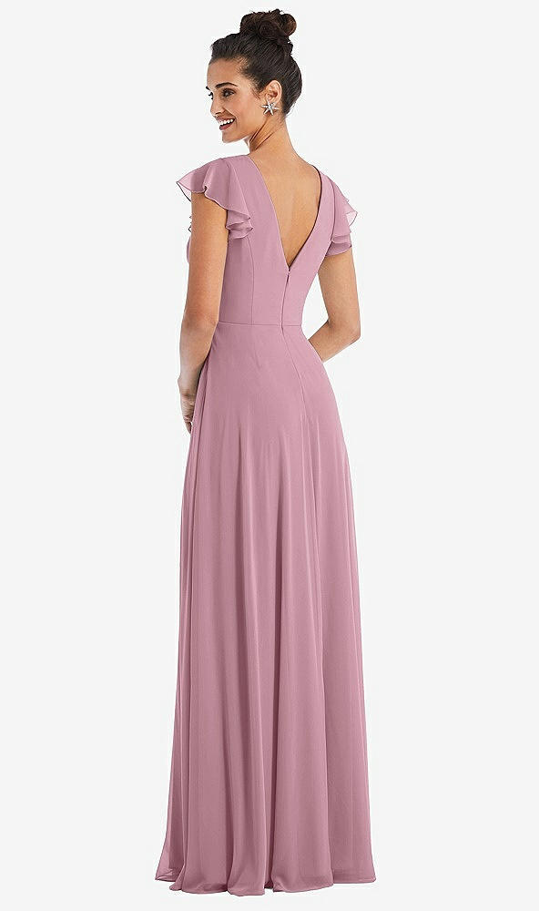 Back View - Dusty Pink Flutter Sleeve V-Keyhole Chiffon Maxi Dress