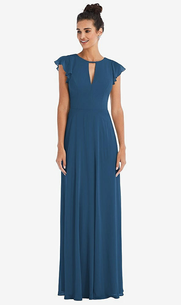 Front View - Dusk Blue Flutter Sleeve V-Keyhole Chiffon Maxi Dress