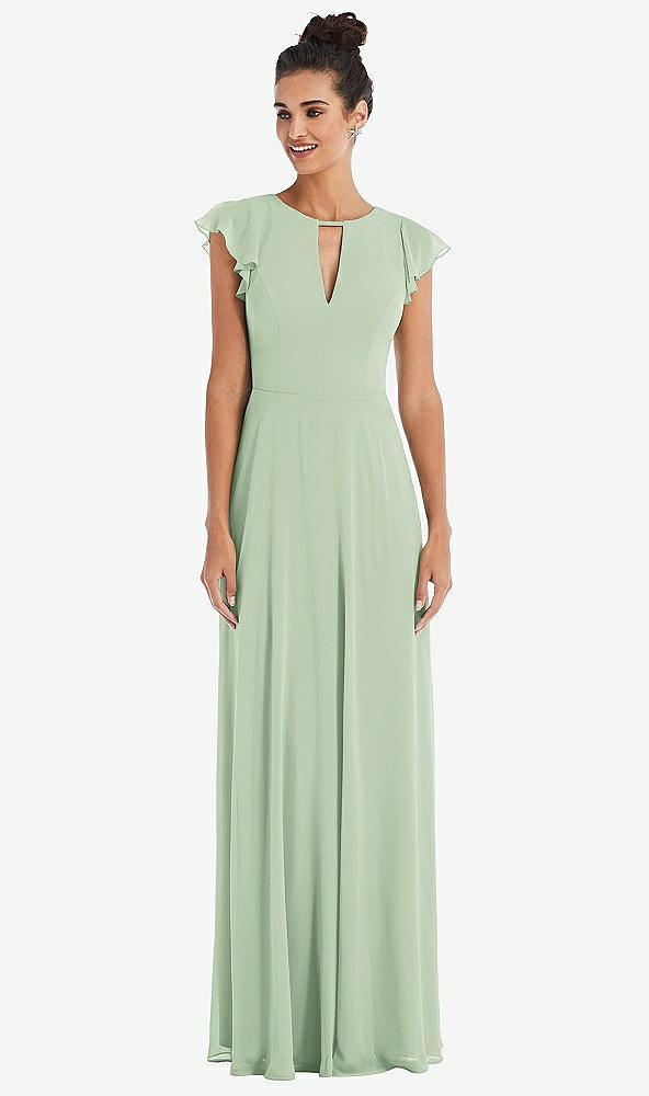 Front View - Celadon Flutter Sleeve V-Keyhole Chiffon Maxi Dress