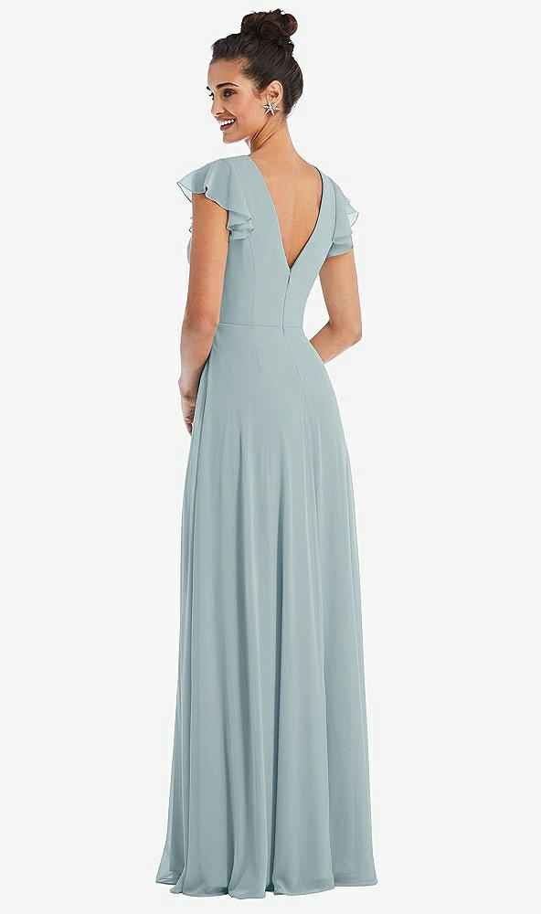 Back View - Morning Sky Flutter Sleeve V-Keyhole Chiffon Maxi Dress