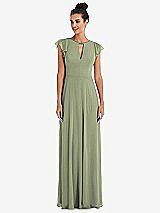 Front View Thumbnail - Sage Flutter Sleeve V-Keyhole Chiffon Maxi Dress