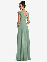 Rear View Thumbnail - Seagrass Flutter Sleeve V-Keyhole Chiffon Maxi Dress