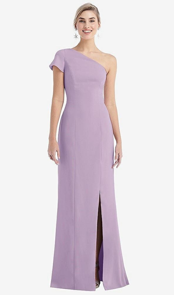 Front View - Pale Purple One-Shoulder Cap Sleeve Trumpet Gown with Front Slit