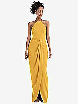 Front View Thumbnail - NYC Yellow Halter Draped Tulip Skirt Maxi Dress