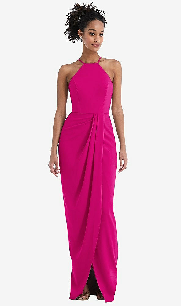 Front View - Think Pink Halter Draped Tulip Skirt Maxi Dress
