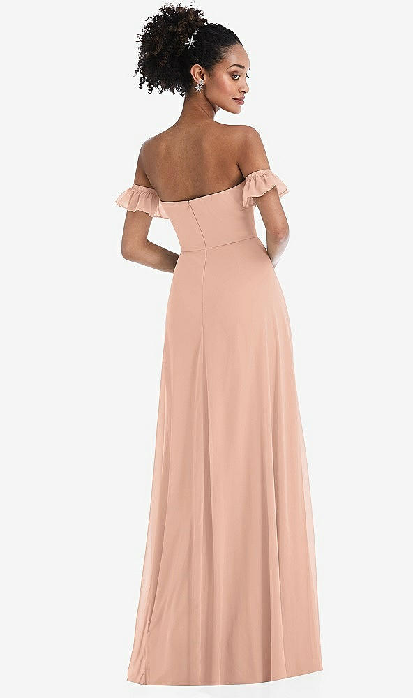 Back View - Pale Peach Off-the-Shoulder Ruffle Cuff Sleeve Chiffon Maxi Dress