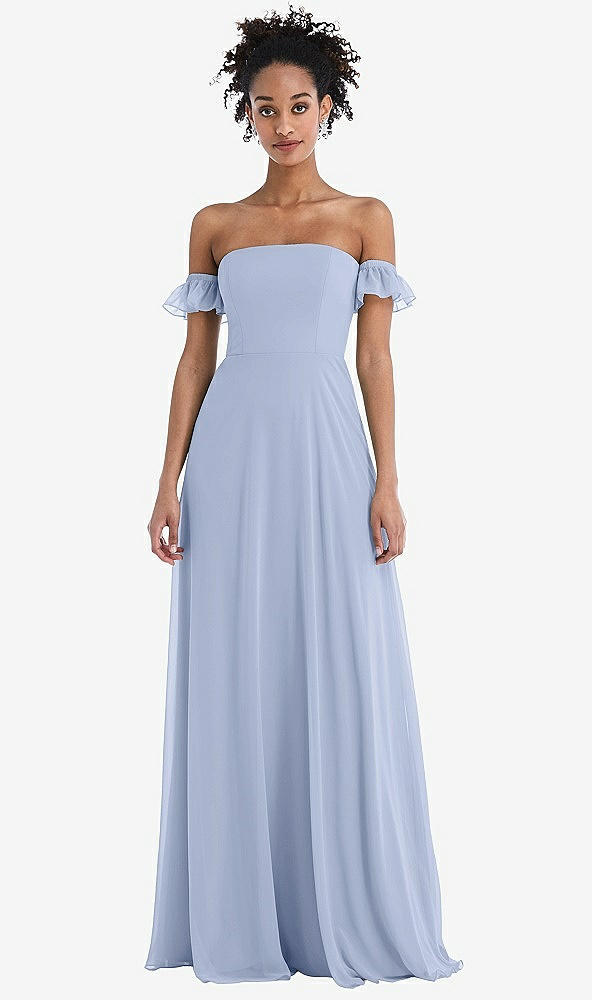 Front View - Sky Blue Off-the-Shoulder Ruffle Cuff Sleeve Chiffon Maxi Dress