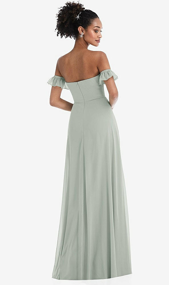 Back View - Willow Green Off-the-Shoulder Ruffle Cuff Sleeve Chiffon Maxi Dress