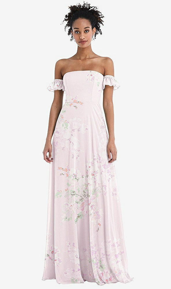 Front View - Watercolor Print Off-the-Shoulder Ruffle Cuff Sleeve Chiffon Maxi Dress