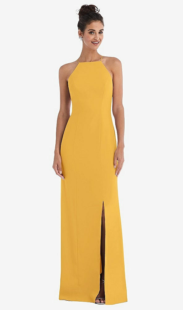 Front View - NYC Yellow Open-Back High-Neck Halter Trumpet Gown