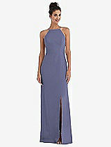 Front View Thumbnail - French Blue Open-Back High-Neck Halter Trumpet Gown