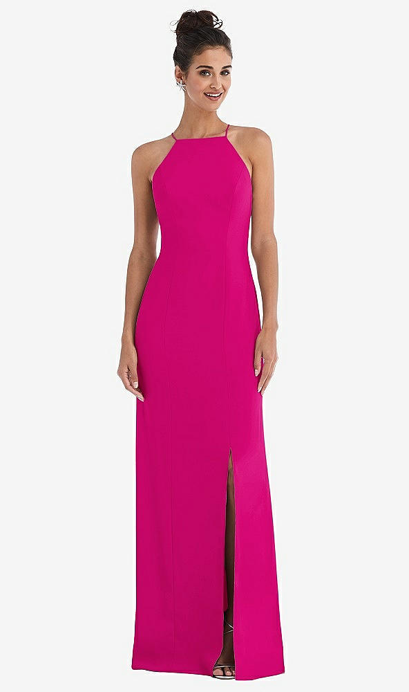 Front View - Think Pink Open-Back High-Neck Halter Trumpet Gown