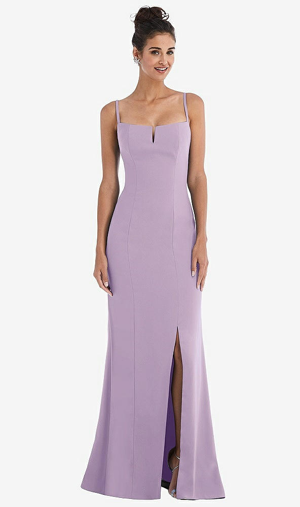Front View - Pale Purple Notch Crepe Trumpet Gown with Front Slit