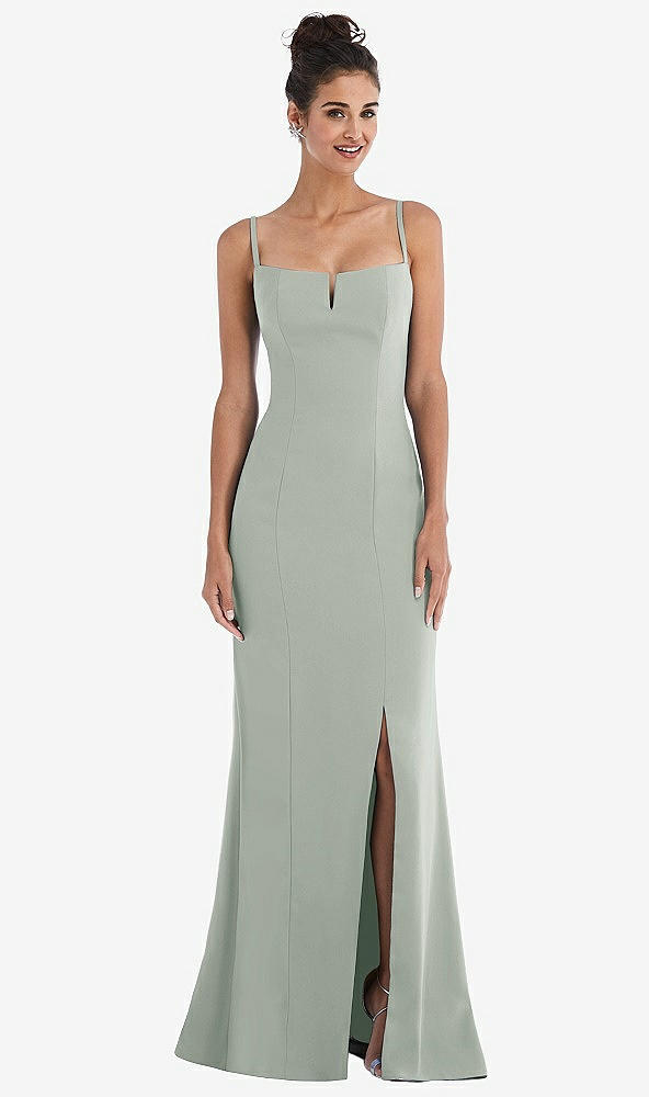 Front View - Willow Green Notch Crepe Trumpet Gown with Front Slit