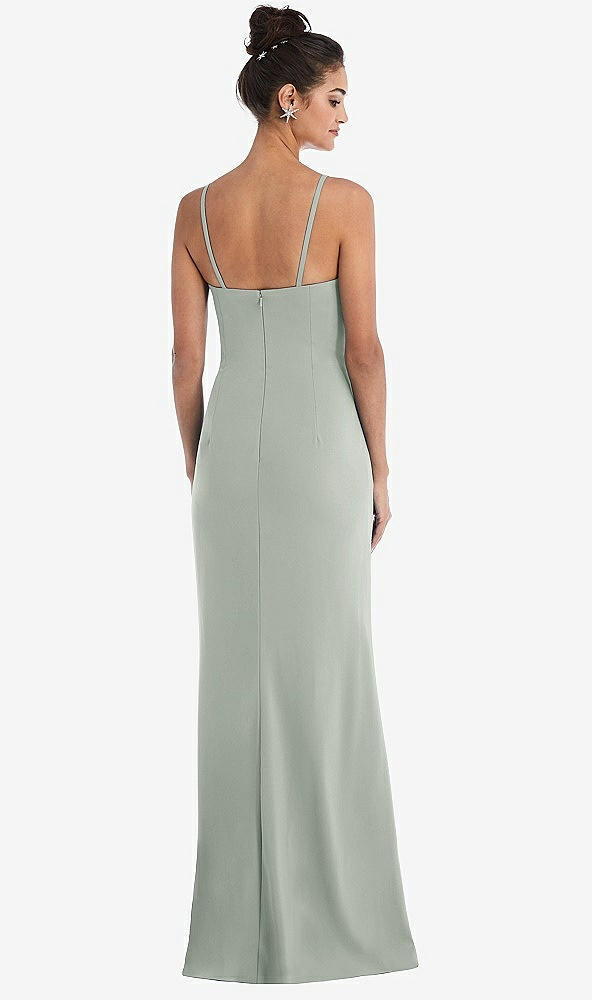 Back View - Willow Green Notch Crepe Trumpet Gown with Front Slit