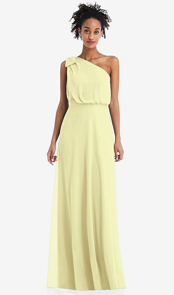 Front View - Butter Yellow One-Shoulder Bow Blouson Bodice Maxi Dress