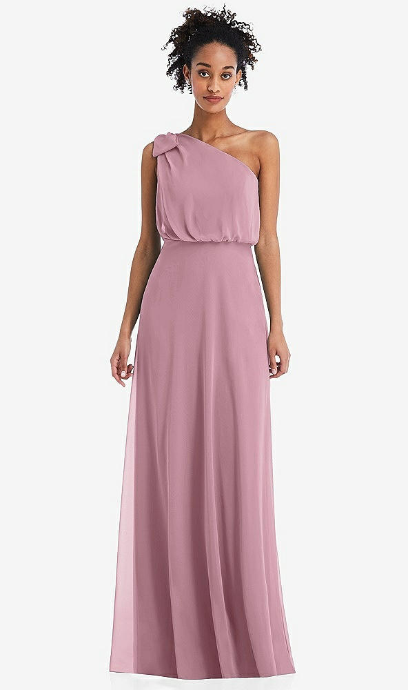 Front View - Dusty Pink One-Shoulder Bow Blouson Bodice Maxi Dress