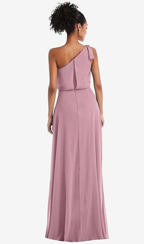 Back View - Dusty Pink One-Shoulder Bow Blouson Bodice Maxi Dress