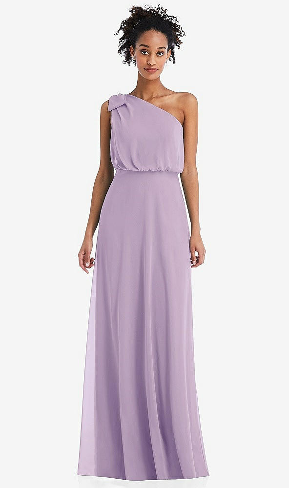 Front View - Pale Purple One-Shoulder Bow Blouson Bodice Maxi Dress