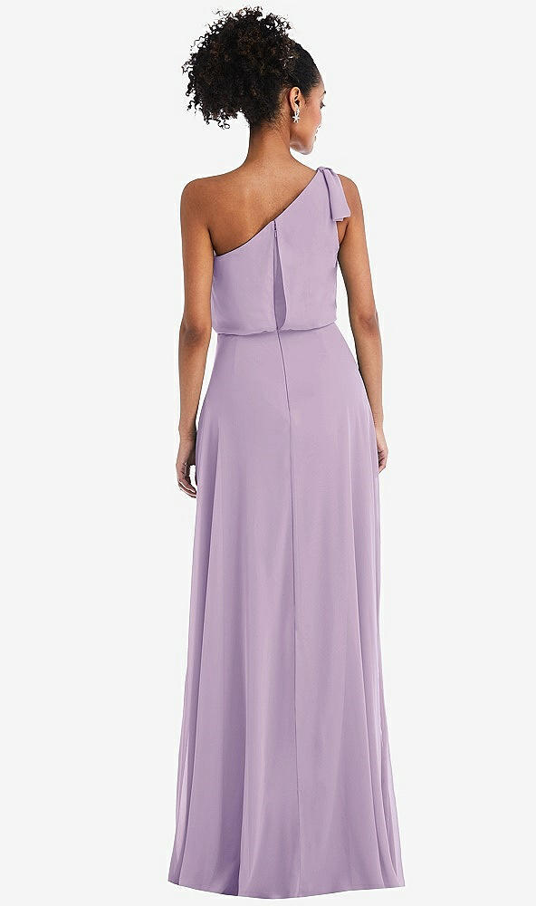Back View - Pale Purple One-Shoulder Bow Blouson Bodice Maxi Dress