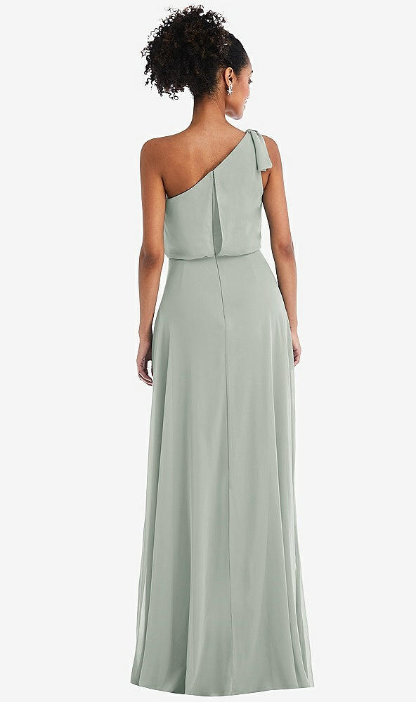 Back View - Willow Green One-Shoulder Bow Blouson Bodice Maxi Dress