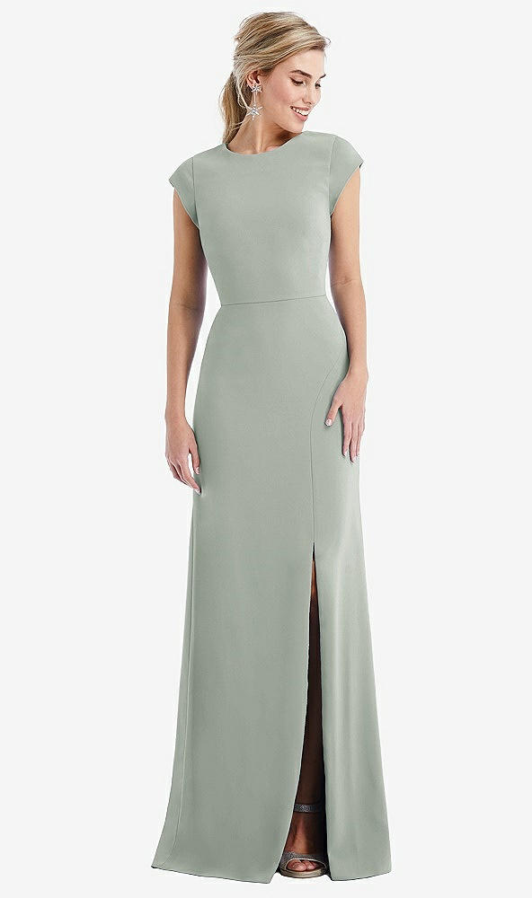 Front View - Willow Green Cap Sleeve Open-Back Trumpet Gown with Front Slit