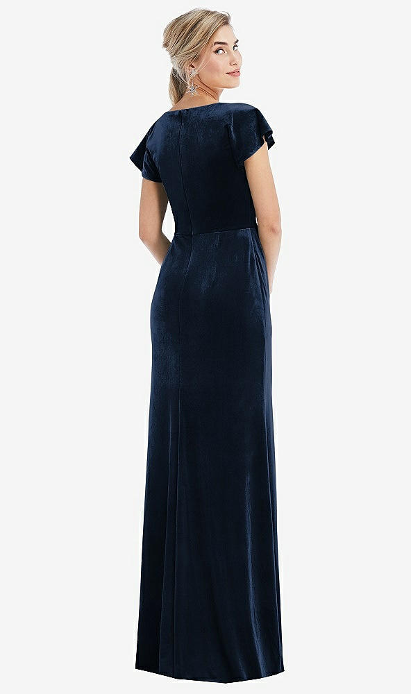 Back View - Midnight Navy Flutter Sleeve Wrap Bodice Velvet Maxi Dress with Pockets