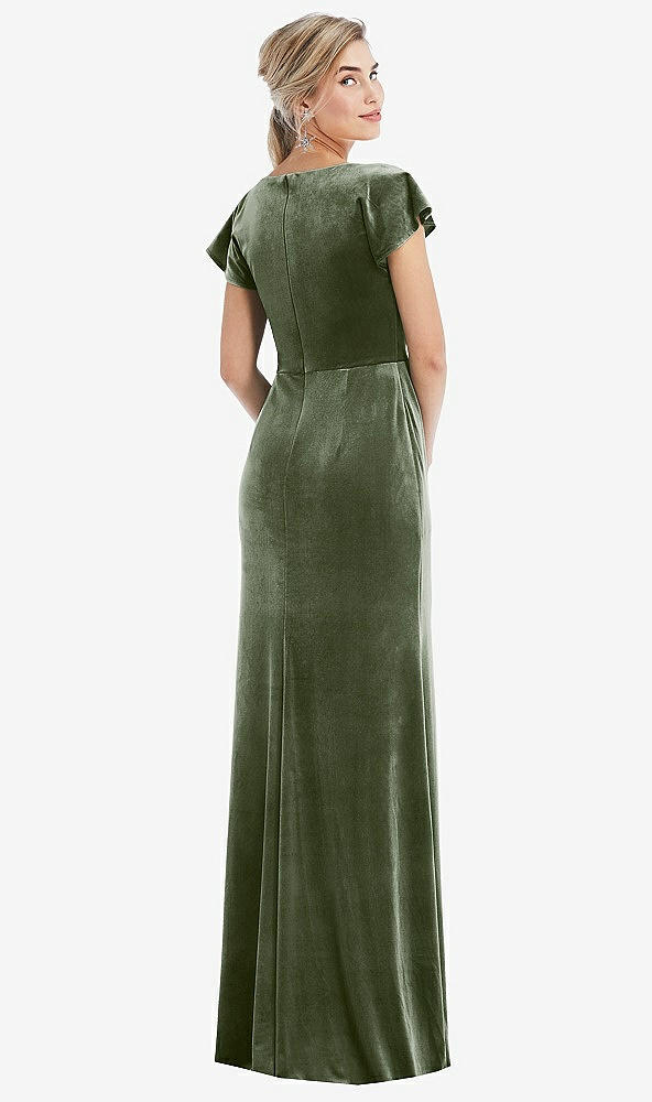 Back View - Sage Flutter Sleeve Wrap Bodice Velvet Maxi Dress with Pockets